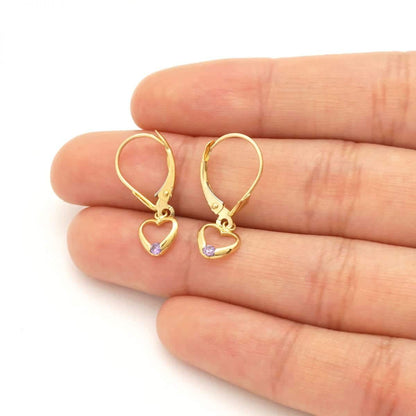 14K Real Gold Birthstone Open Heart  Drop Leverback Earrings