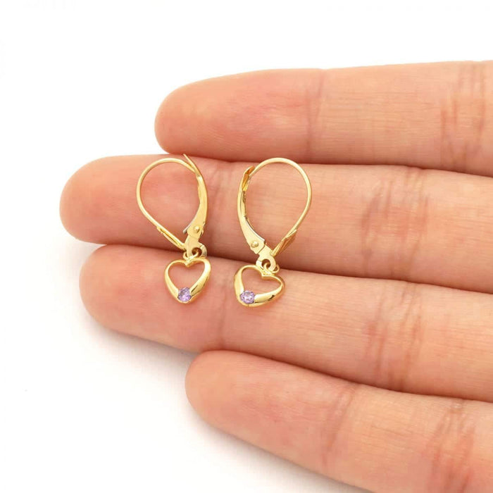 14K Gold Birthstone Open Heart Drop Leverback Earrings