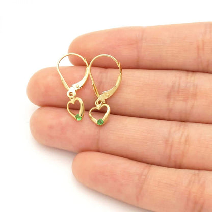 14K Real Gold Birthstone Open Heart  Drop Leverback Earrings