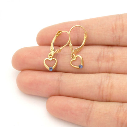 14K Real Gold Birthstone Open Heart  Drop Leverback Earrings