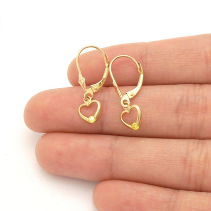 14K Real Gold Birthstone Open Heart  Drop Leverback Earrings