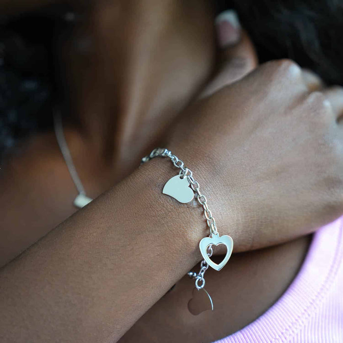 14K White Gold Rolo Hearts Charm Bracelet (Hollow) 7.5"