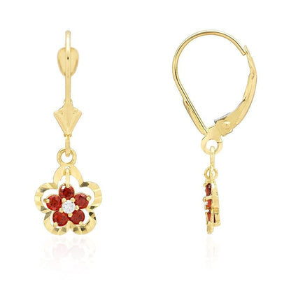 14K Real Gold Yellow White Birthstone Flower Shaped  Drop Leverback Earrings
