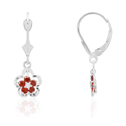 14K Real Gold Yellow White Birthstone Flower Shaped  Drop Leverback Earrings