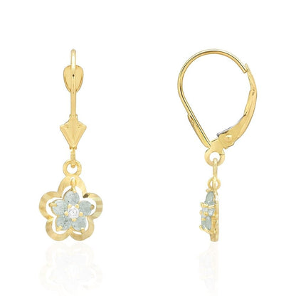14K Real Gold Yellow White Birthstone Flower Shaped  Drop Leverback Earrings