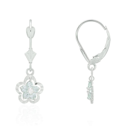 14K Real Gold Yellow White Birthstone Flower Shaped  Drop Leverback Earrings