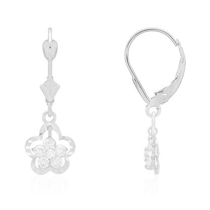 14K Real Gold Yellow White Birthstone Flower Shaped  Drop Leverback Earrings