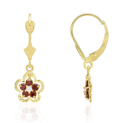 14K Real Gold Yellow White Birthstone Flower Shaped  Drop Leverback Earrings