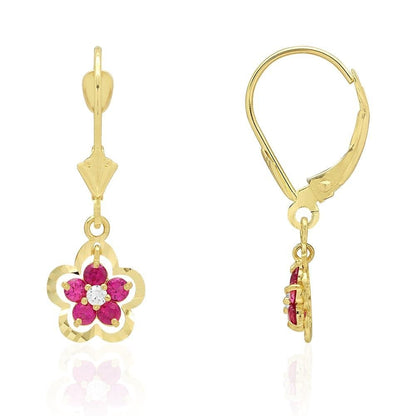 14K Real Gold Yellow White Birthstone Flower Shaped  Drop Leverback Earrings