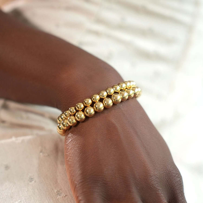 18K Yellow Gold Over Sterling Silver 7mm Graduated Beaded Ball Bracelet (Hollow) 7" - WJD Exclusives