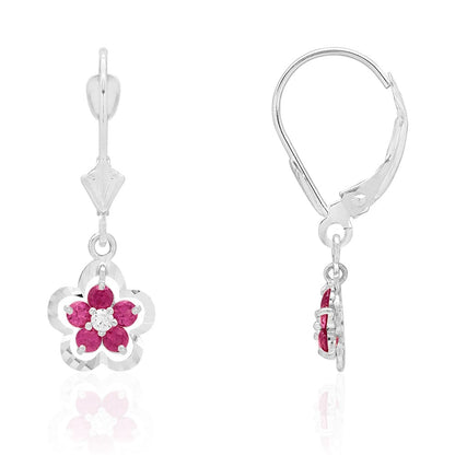 14K Real Gold Yellow White Birthstone Flower Shaped  Drop Leverback Earrings