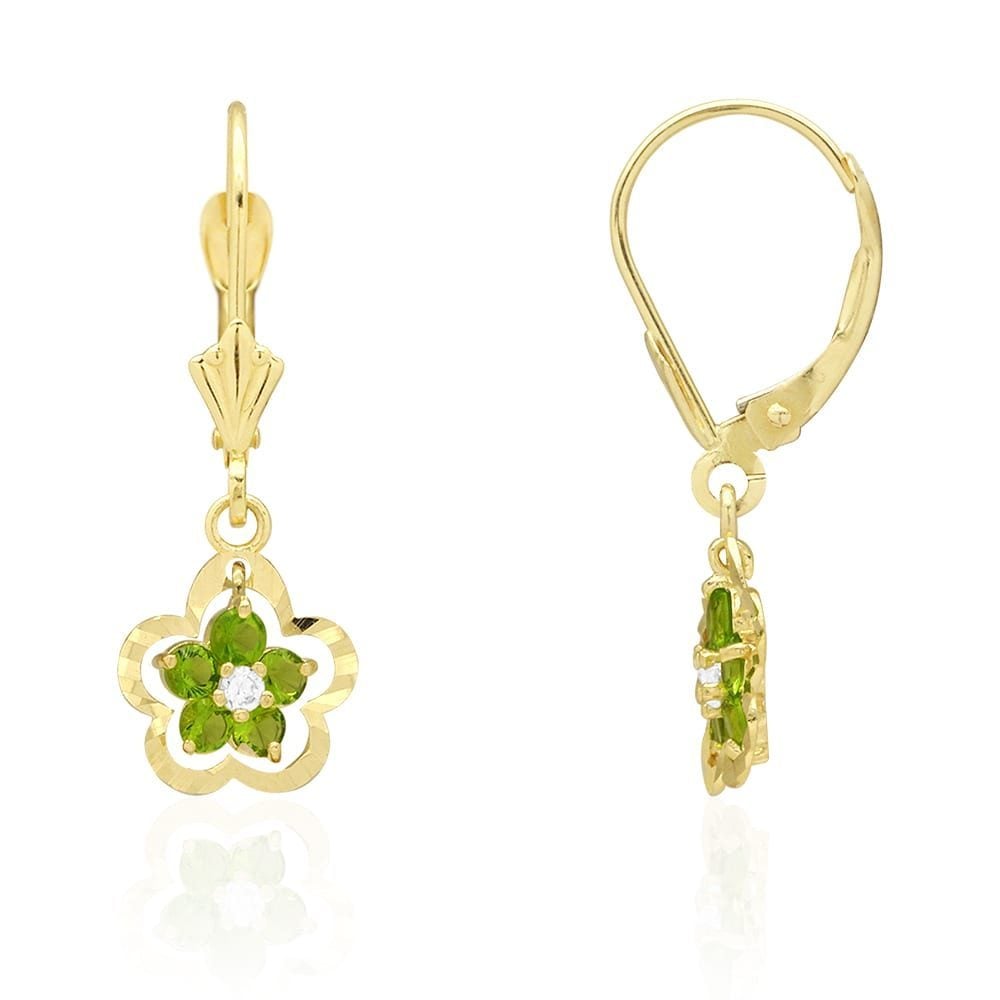 14K Real Gold Yellow White Birthstone Flower Shaped  Drop Leverback Earrings