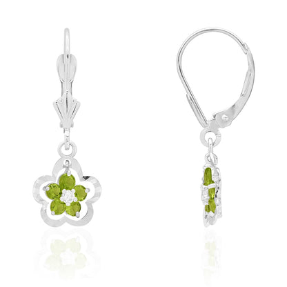 14K Real Gold Yellow White Birthstone Flower Shaped  Drop Leverback Earrings