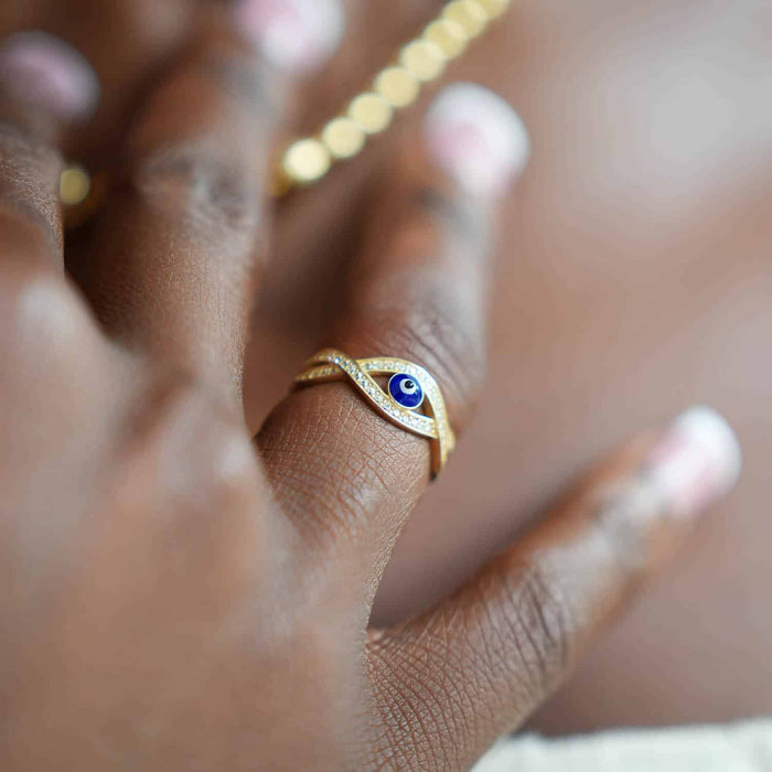 14K Yellow Gold CZ Evil Eye Infinity Ring
