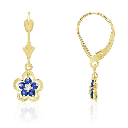14K Real Gold Yellow White Birthstone Flower Shaped  Drop Leverback Earrings