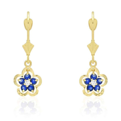 14K Real Gold Yellow White Birthstone Flower Shaped  Drop Leverback Earrings