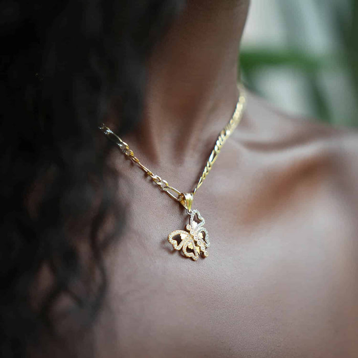 14K Yellow Gold CZ Butterfly and Hearts Pendant 1.2"