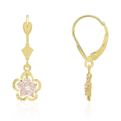 14K Real Gold Yellow White Birthstone Flower Shaped  Drop Leverback Earrings