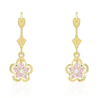 14K Real Gold Yellow White Birthstone Flower Shaped  Drop Leverback Earrings