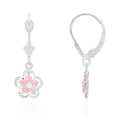 14K Real Gold Yellow White Birthstone Flower Shaped  Drop Leverback Earrings