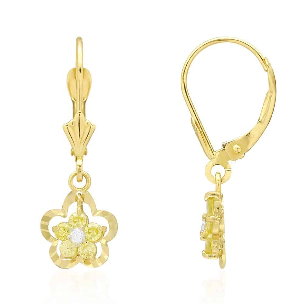 14K Real Gold Yellow White Birthstone Flower Shaped  Drop Leverback Earrings