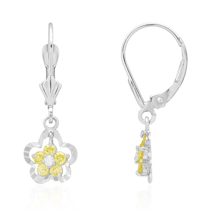 14K Real Gold Yellow White Birthstone Flower Shaped  Drop Leverback Earrings