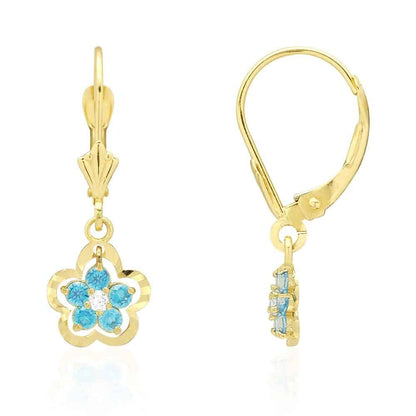 14K Real Gold Yellow White Birthstone Flower Shaped  Drop Leverback Earrings