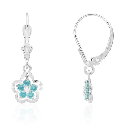 14K Real Gold Yellow White Birthstone Flower Shaped  Drop Leverback Earrings