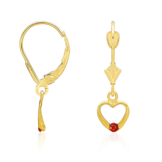 14K Real Gold Birthstone Open Heart  Drop Leverback Earrings