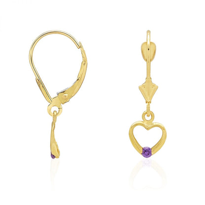14K Real Gold Birthstone Open Heart  Drop Leverback Earrings