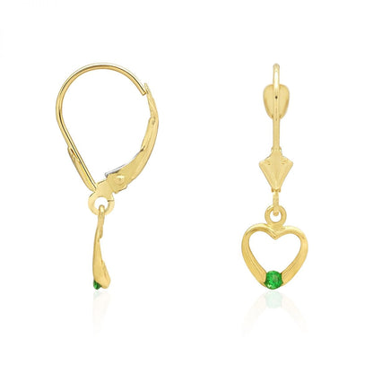 14K Real Gold Birthstone Open Heart  Drop Leverback Earrings