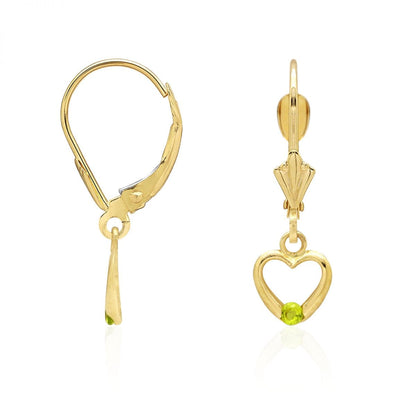 14K Real Gold Birthstone Open Heart  Drop Leverback Earrings