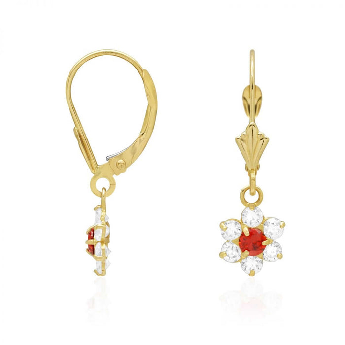 14k Yellow Gold Birthstone CZ Flower Leverback Earrings