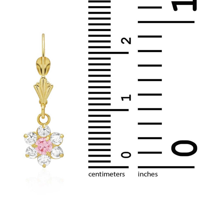 14k Yellow Gold Birthstone CZ Flower Leverback Earrings