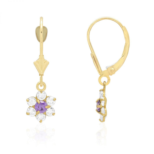 14k Yellow Gold Birthstone CZ Flower  Leverback Earrings