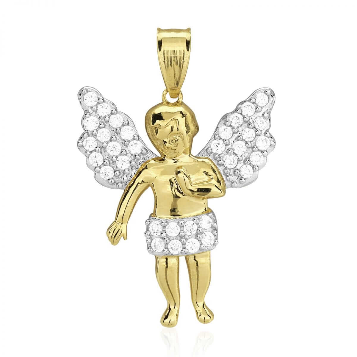 10k Solid Yellow and White Gold CZ Angel Religious Pendant 1.2"