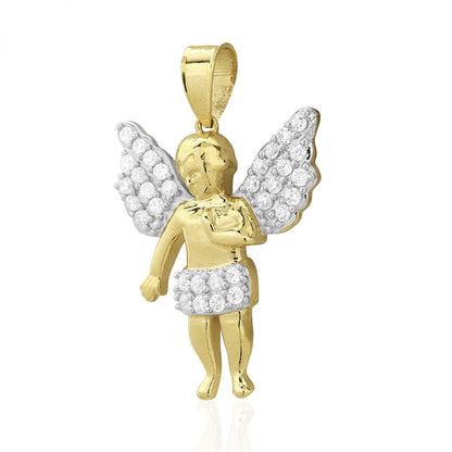 10k Solid Yellow and White Gold CZ Angel Religious Pendant 1.2"