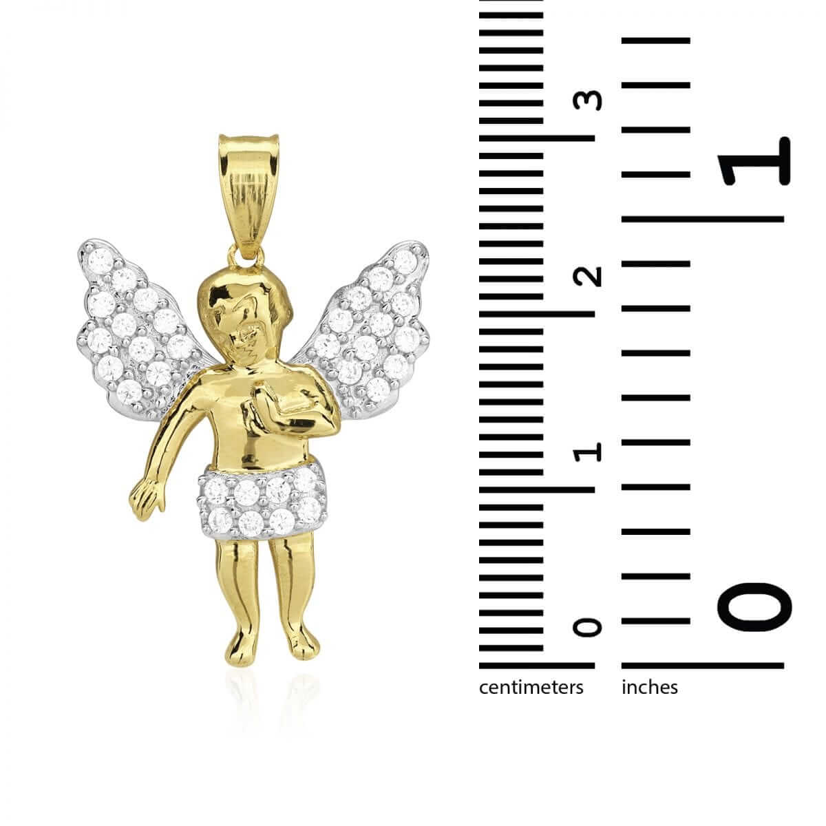 10k Solid Yellow and White Gold CZ Angel Religious Pendant 1.2"