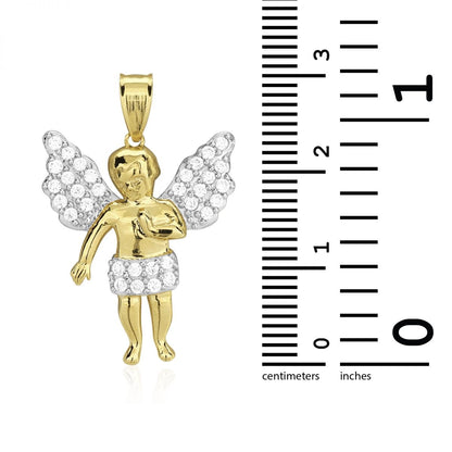 10k Solid Yellow and White Gold CZ Angel Religious Pendant 1.2"