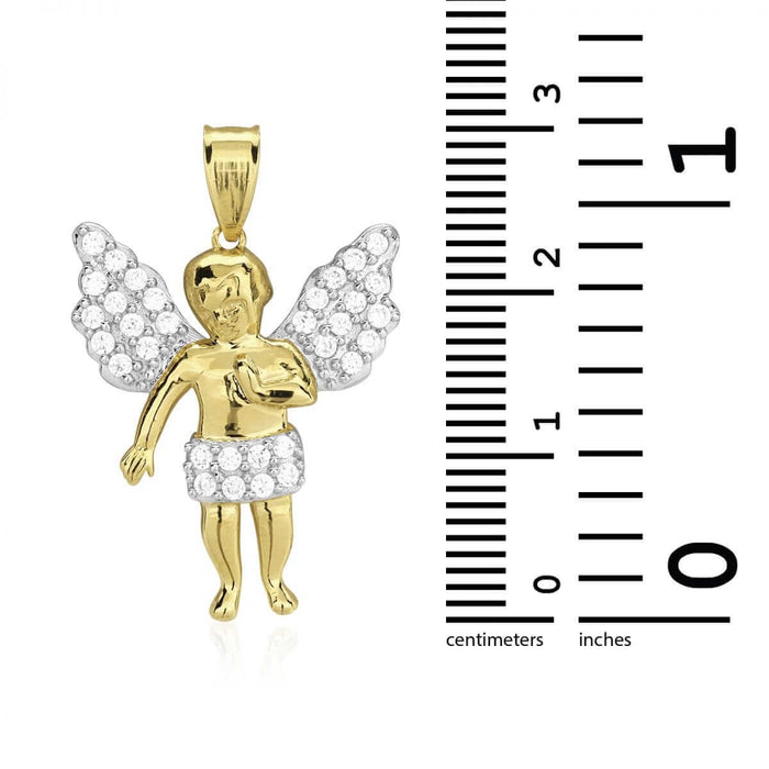 10k Solid Yellow and White Gold CZ Angel Religious Pendant 1.2"