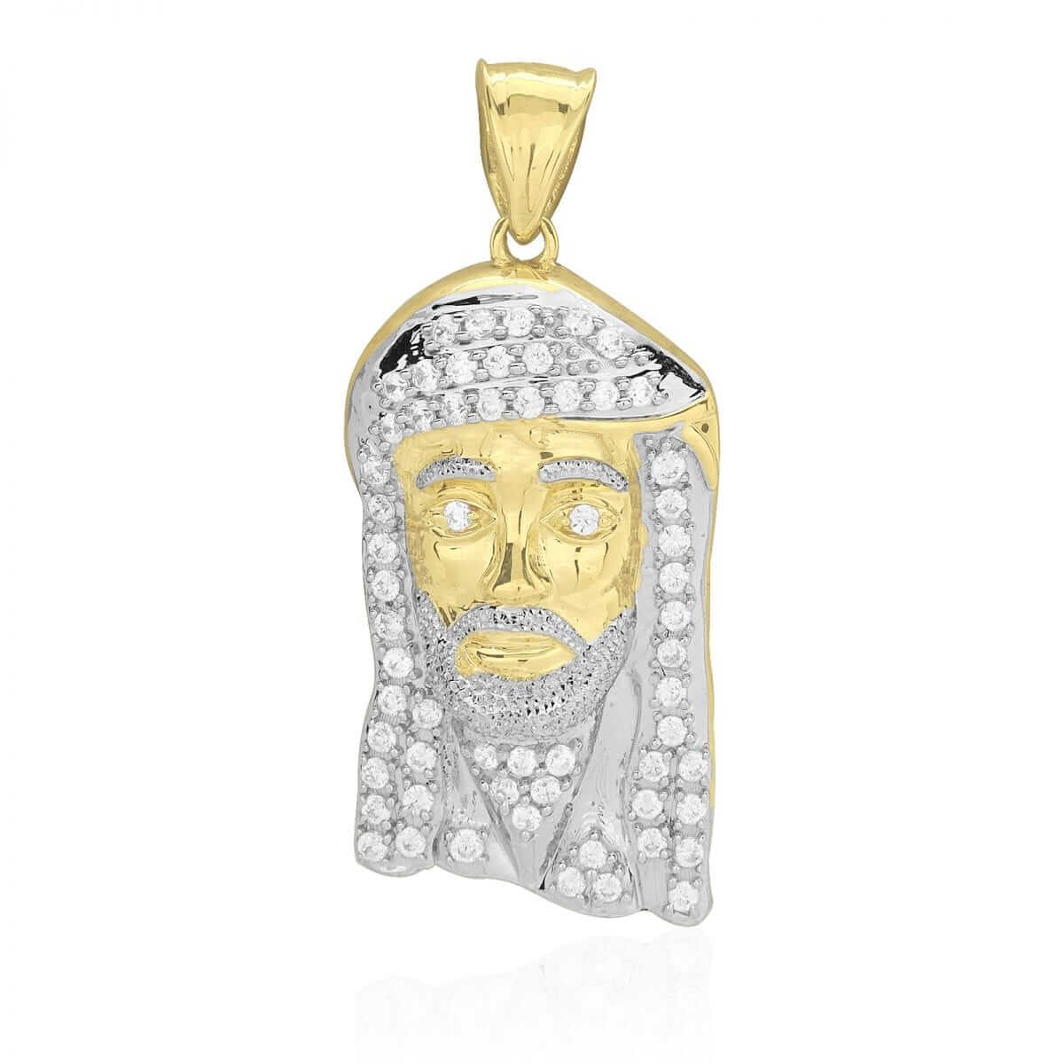 10k Solid Yellow & White Gold CZ Jesus Head Pendant 1.57"