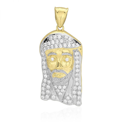 10k Solid Yellow & White Gold CZ Jesus Head Pendant 1.57"