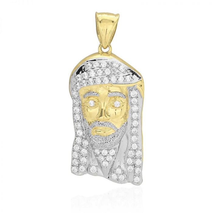 10k Solid Yellow & White Gold CZ Jesus Head Pendant 1.57"