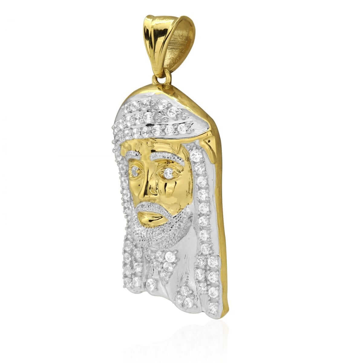 10k Solid Yellow & White Gold CZ Jesus Head Pendant 1.57"