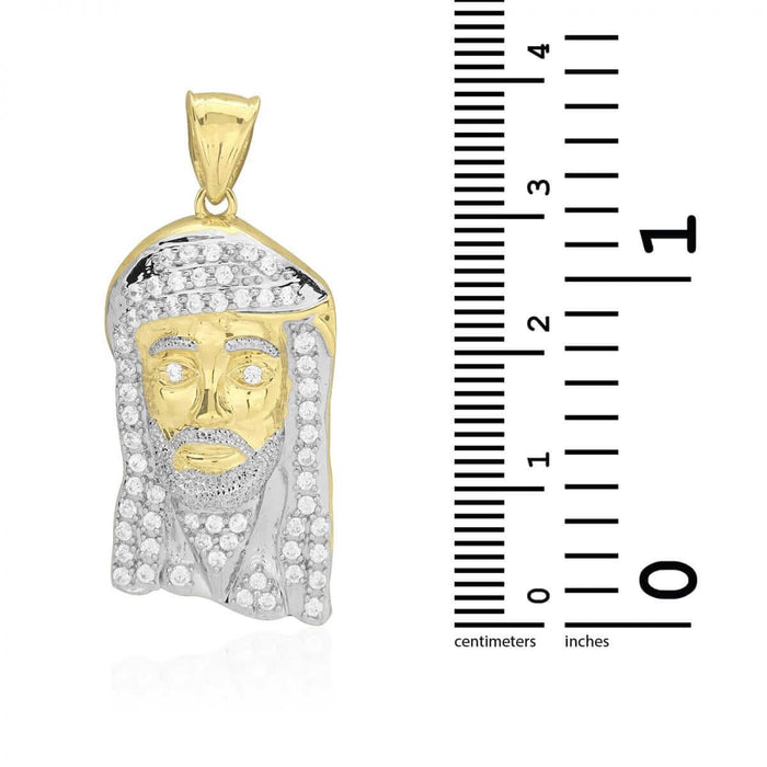10k Solid Yellow & White Gold CZ Jesus Head Pendant 1.57"