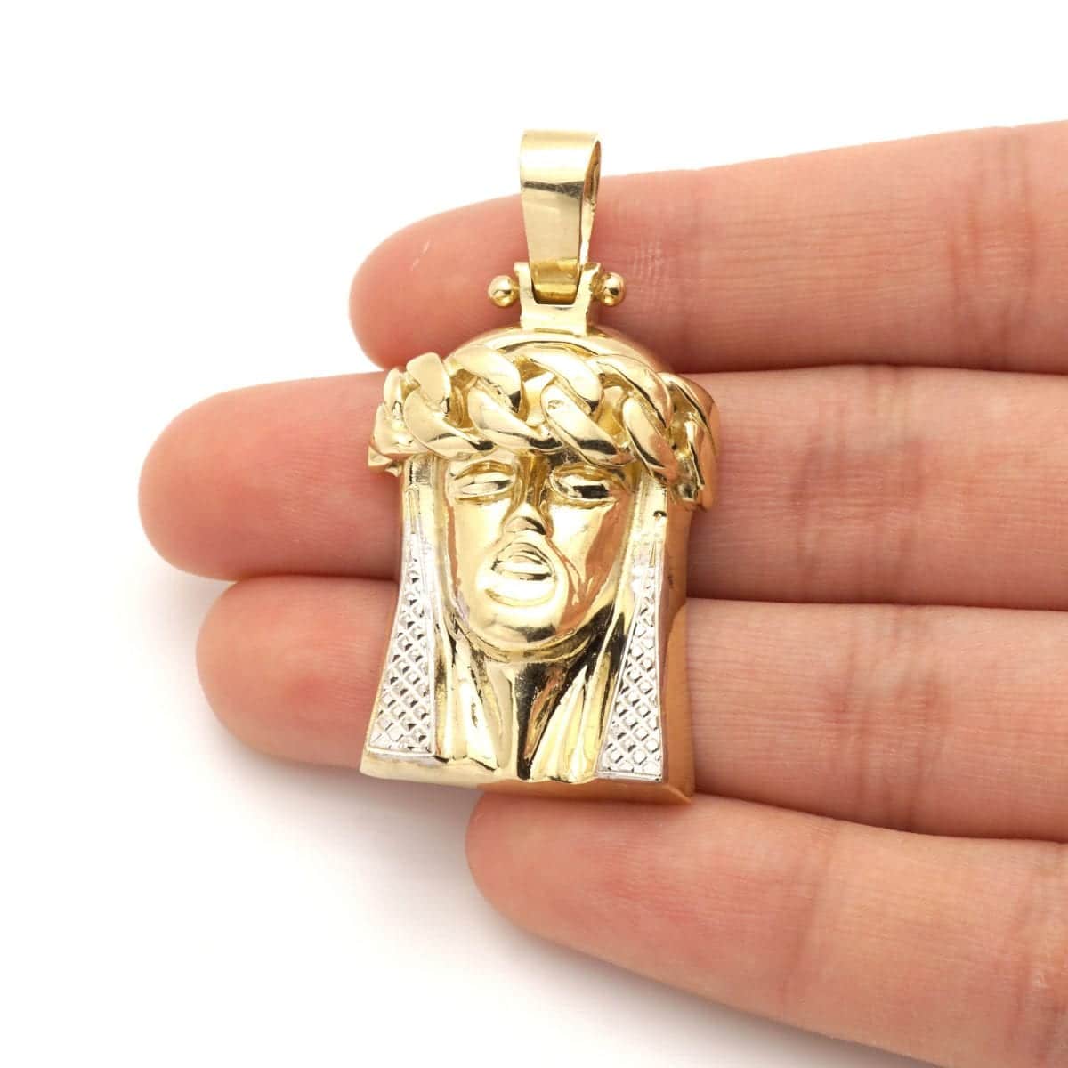 10k Yellow White Gold Textured Jesus Face Head Pendant 1.4"-1.8"