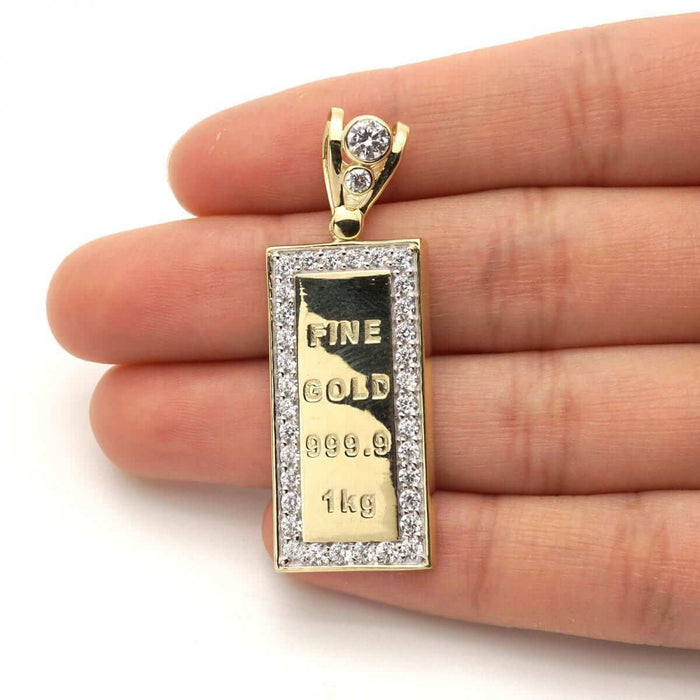 10k Yellow Gold CZ 1kg Lingot Shaped Pendant 1.77"