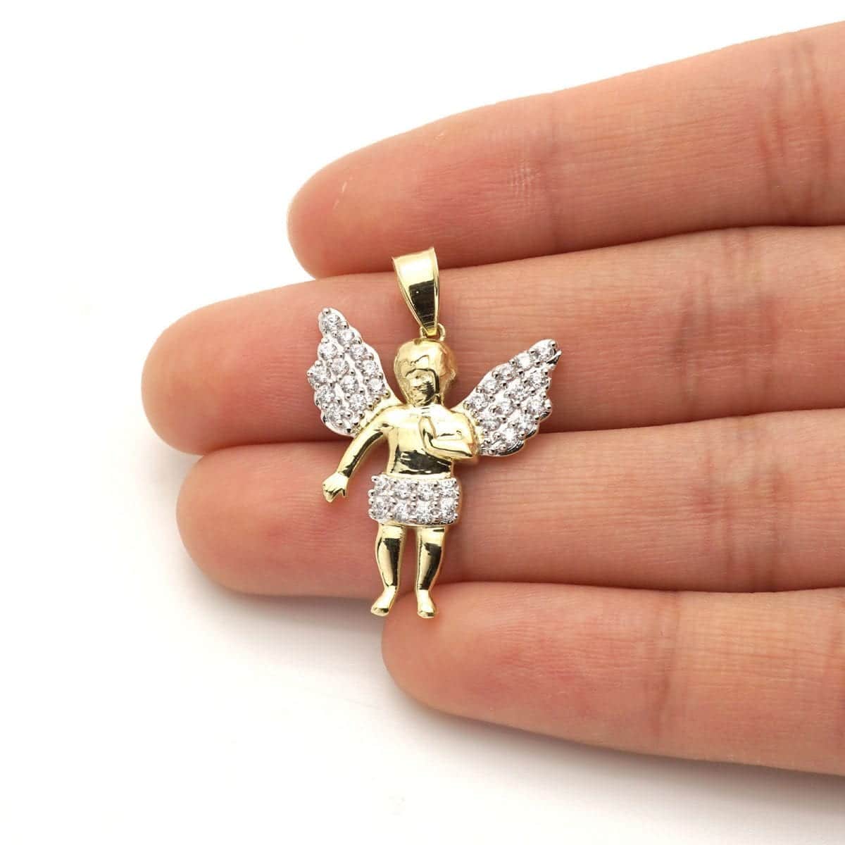 10k Solid Yellow and White Gold CZ Angel Religious Pendant 1.2"