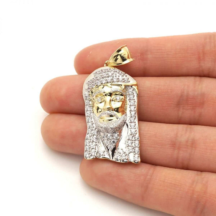10k Solid Yellow & White Gold CZ Jesus Head Pendant 1.57"
