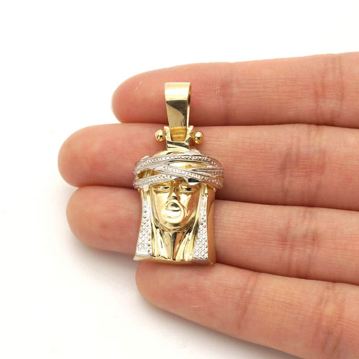 10k Solid Yellow & White Gold Diamond-Cut Jesus Head Pendant 1.5"